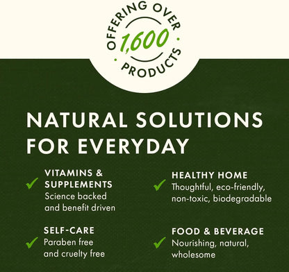 Promotional graphic for a brand offering natural solutions with text on a green background.