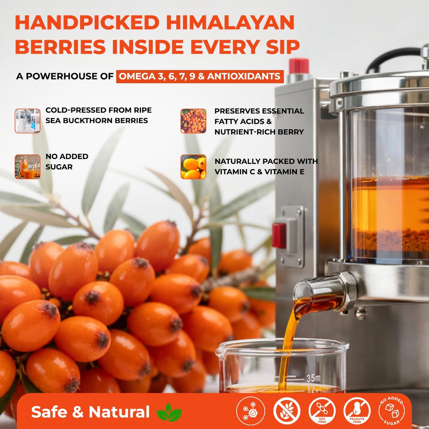 Juicer extracting juice from sea buckthorn berries with text highlighting health benefits.