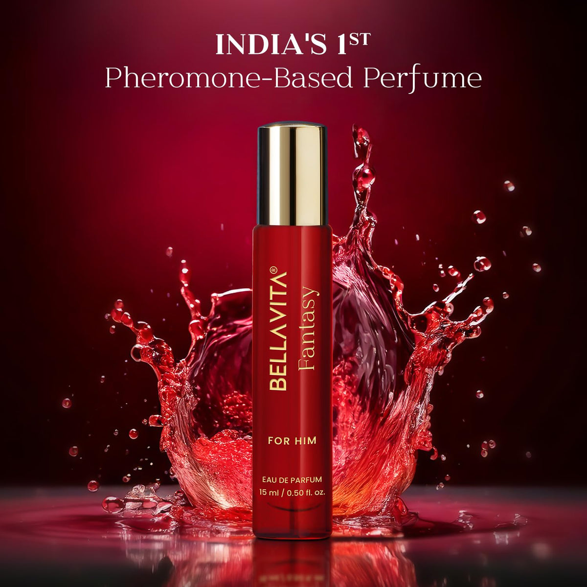 Red perfume bottle with water splashes on a red background, labeled 'Bellavita Fantasy for Him'.