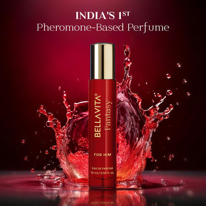 Red perfume bottle with water splashes on a red background, labeled 'Bellavita Fantasy for Him'.