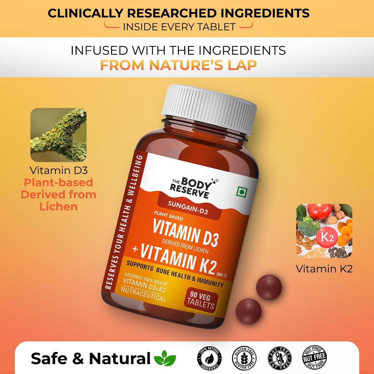 Body Reserve Vitamin D3 and Vitamin K2 supplement bottle with ingredients and benefits on a yellow background