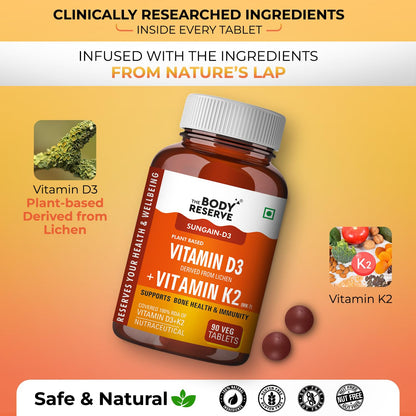 Body Reserve Vitamin D3 and Vitamin K2 supplement bottle with ingredients and benefits on a yellow background
