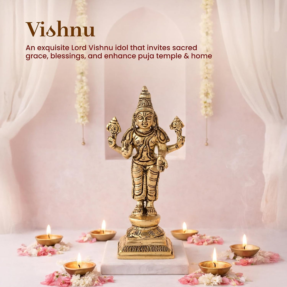 Brass Lord Vishnu Ji Idol | Handcrafted Vishnu Murti for Home Temple & Pooja Room (Design01: L5 x W4 x H11 cm)