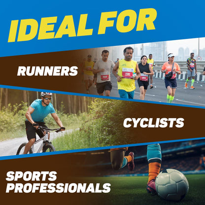 Promotional graphic for sports equipment ideal for runners, cyclists, and sports professionals with images of people exercising.