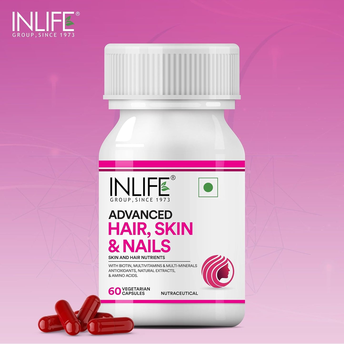 INLIFE Advanced Hair Skin & Nails Supplement with Biotin, Multivitamin Minerals, Amino Acids for Hair Care - 60 Vegetarian Capsules