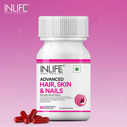 INLIFE Advanced Hair Skin & Nails Supplement with Biotin, Multivitamin Minerals, Amino Acids for Hair Care - 60 Vegetarian Capsules