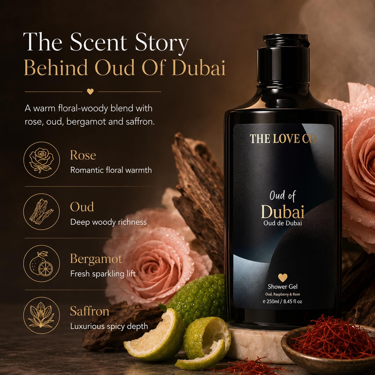 THE LOVE CO Oud of Dubai Body Wash 250ml | Luxury Oud Shower Gel for Men & Women | Hydrating Body Cleanser with Niacinamide & Shea Butter | Paraben Free Daily Bath & Shower Gel