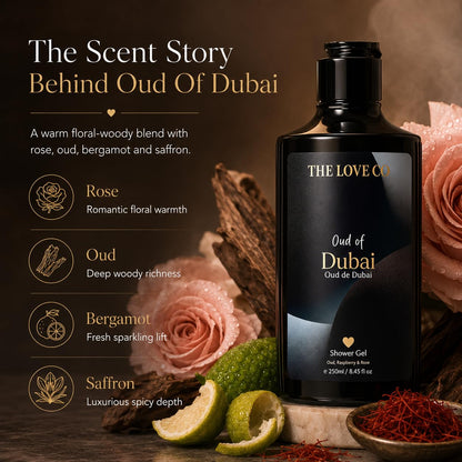 THE LOVE CO Oud of Dubai Body Wash 250ml | Luxury Oud Shower Gel for Men & Women | Hydrating Body Cleanser with Niacinamide & Shea Butter | Paraben Free Daily Bath & Shower Gel