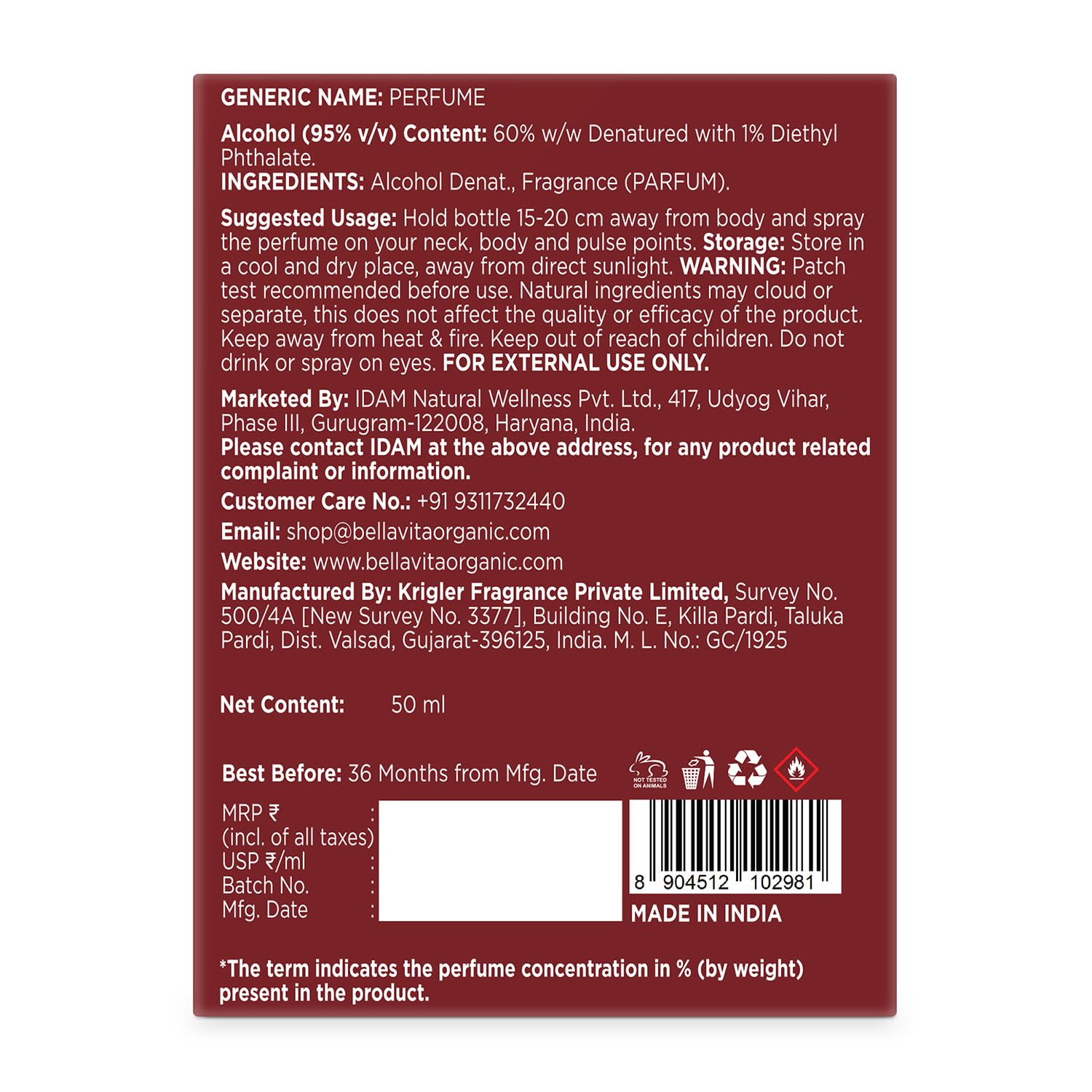 Back label of a perfume bottle with text and product details on a white background