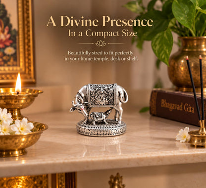 Gold Art India Kamdhenu Cow with Calf Idol | 999 Silver Plated | Antique Matte Finish | Premium Peacock Green Velvet Gift Box | Sacred Gau MATA Vastu Idol for Home Temple, Office & Spiritual Gifting