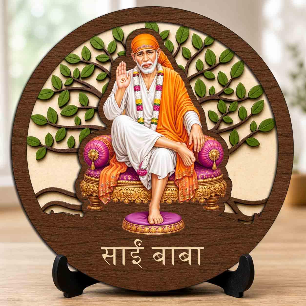 Plan To Gift Sai Baba Premium Wooden God Idol for Indoor Temple, Living Room Shelf, Work Desk & Puja Decor - 5x5 Inch