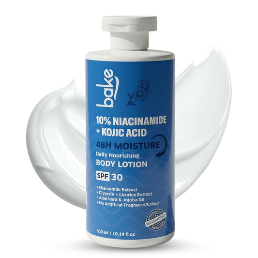 BAKE 10% Niacinamide Body Lotion SPF 30 with Kojic Acid for Acne Marks, Dark Spots & Pigmentation, 48H Moisturizing, Tan Removal | For Women & Men | 300ml