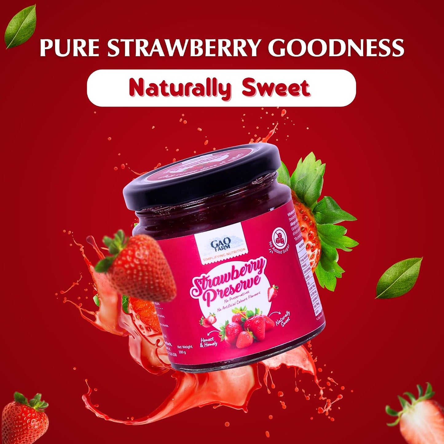 GAO FARM Natural Strawberry Jam & Preserve 200g | No Added Sugar, Vegan & Gluten Free | 100% Real Strawberries & Apple Juice | No Preservatives | Toast, Breakfast & Baking Spread