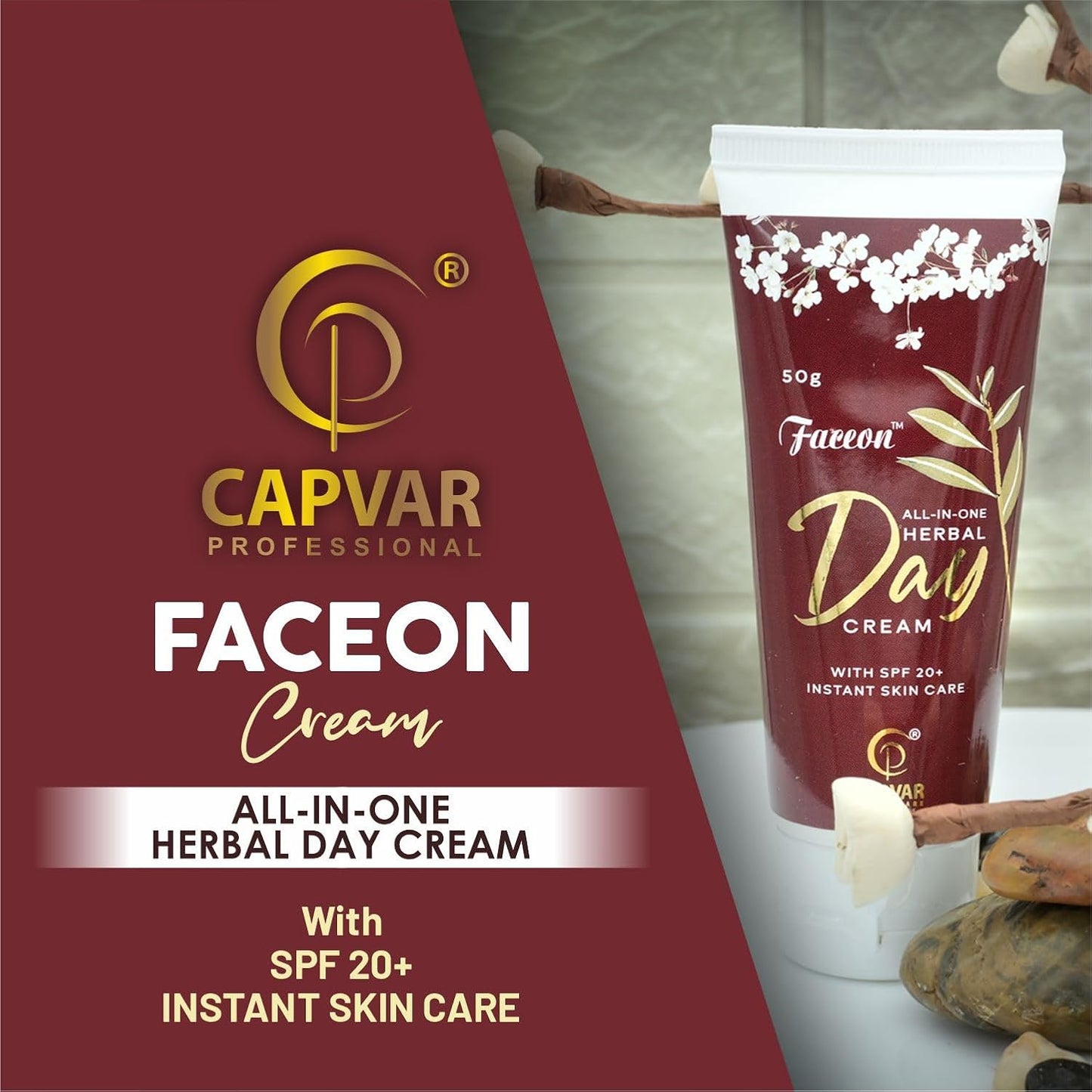Faceon All In One Herbal Day Cream 50gm With SPF 20+ Instant Skin Care | Paraben and Sulphate Free | Normal, Oily, Dry and Combination Skin l