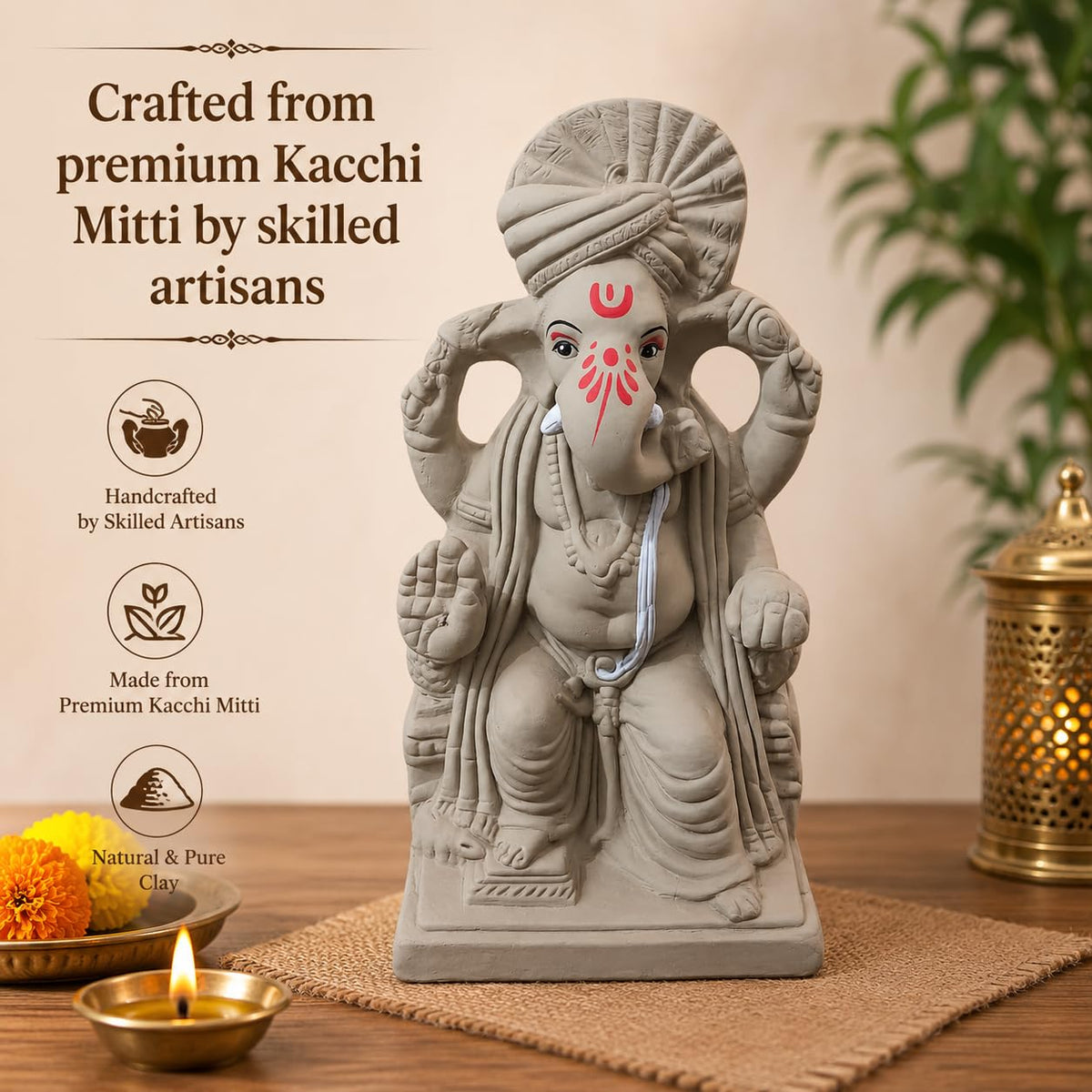 KSI 8.7inch Natural Clay Ganesh Murti | Handmade Mitti Ganpati Idol for Ganesh Chaturthi | Eco-Friendly Ganesha Idol for Home Decoration, Puja & Visarjan