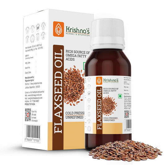 Krishna's Flaxseed Oil (50 ml) | Virgin Cold Pressed Flex seed oil | Rich in Omega 3-6-9 | Made in Kachi Ghani | No Added Preservatives
