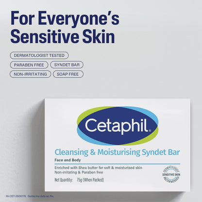 Cetaphil Cleansing and Moisturising Syndet Bar, Shea Butter,For Face & Body, Sensitive skin, 75g
