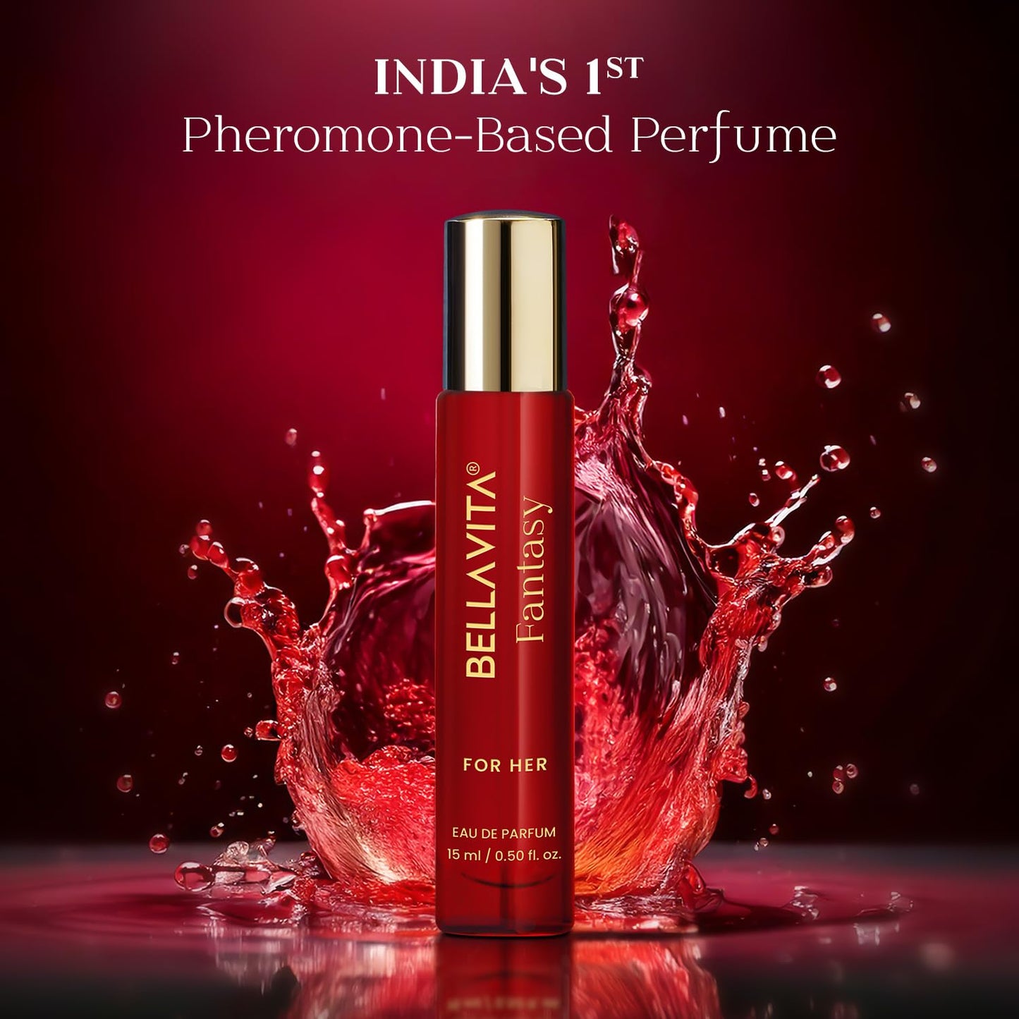 Bellavita Fantasy perfume bottle with red liquid splash on a dark red background