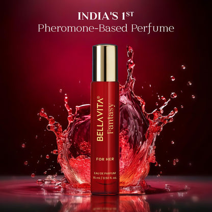 Bellavita Fantasy perfume bottle with red liquid splash on a dark red background
