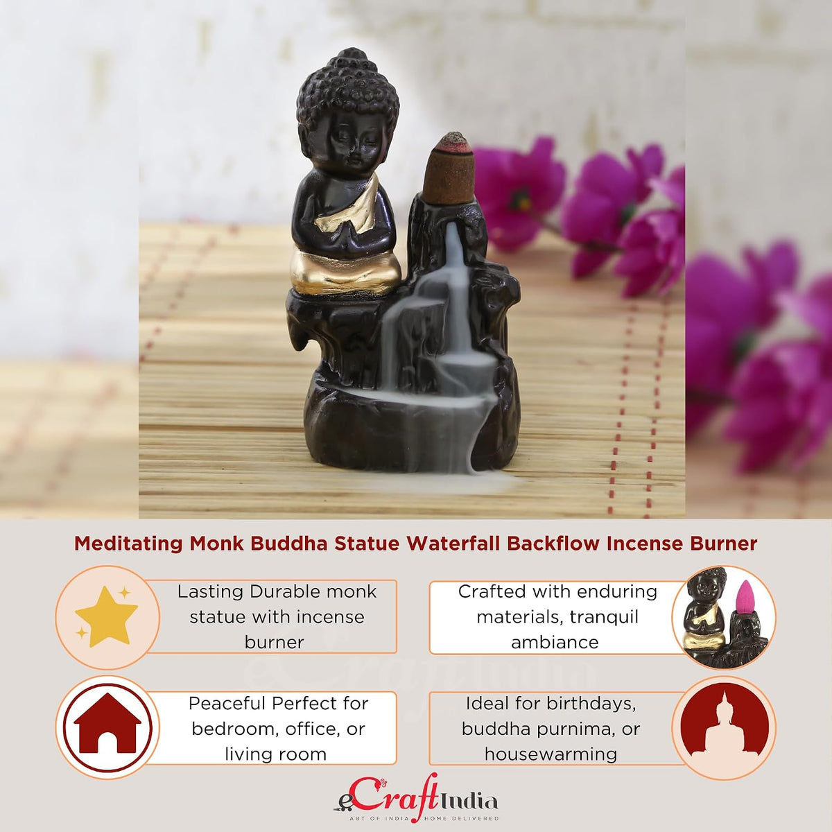 eCraftIndia Black Golden Meditating Monk Buddha Statue Smoke Backflow Incense Holder with Incense Cones Showpiece for Home Decor Living Room Office Gift for Diwali Housewarming Buddha Purnima Birthday