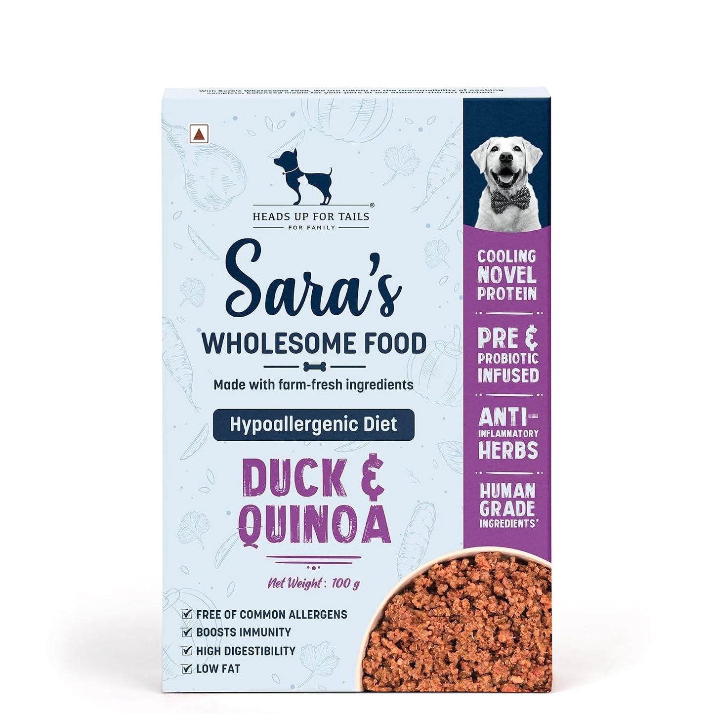Sara’s Wholesome by HUFT Hypoallergenic Duck & Quinoa Wet Dog Food – 100 gm | Sensitive Stomach Formula | Human-Grade Ingredients | Complete & Balanced Nutrition | Suitable for Puppies & Adult Dogs