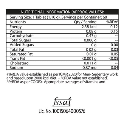 Nutritional information label for a supplement with FSSAI certification.