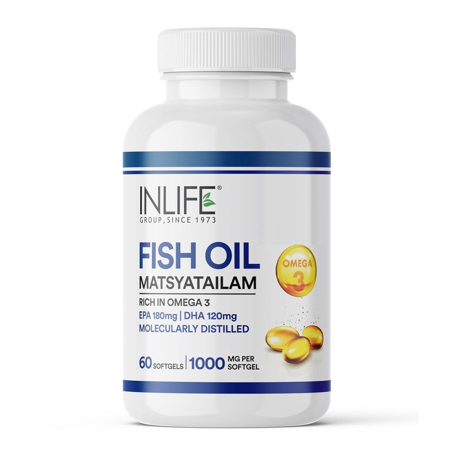 INLIFE Fish Oil Omega 3 Capsule 1000mg | Heart, Brain and Joint Health | Molecularly Distilled Highly Concentrated Supplement - 60 Softgels (60 Softgels)