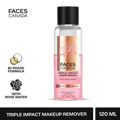 FACESCANADA Triple Impact Makeup Remover, 120 Ml | With Rose Water | 3-In-1 Cleanse, Tone & Nourish | Deep Cleanses & Removes Makeup For Eyes, Lips & Face | Bi-Phasic Formula