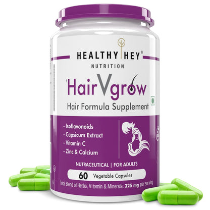 Supplement container labeled 'HairV6 Hair Formula Supplement' by Healthy Hey Nutrition on a white background.