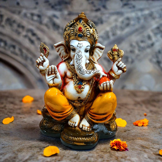 Marble Lord Ganesha Idol with Golden Mukut Ganesh ji Murti Ganesh Showpiece for Home Decor,Study Table,Office Ganesha Idol for Home décor, Ganesha Idol for Pooja Room(16.5 cm)