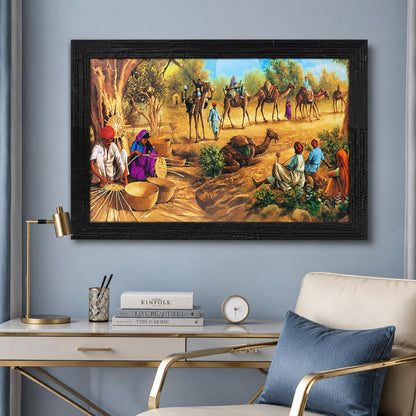 Wood Village Scene Art Framed Painting| Ready To Hnag - (13.5 X 19.5 Inch, Multicolor)
