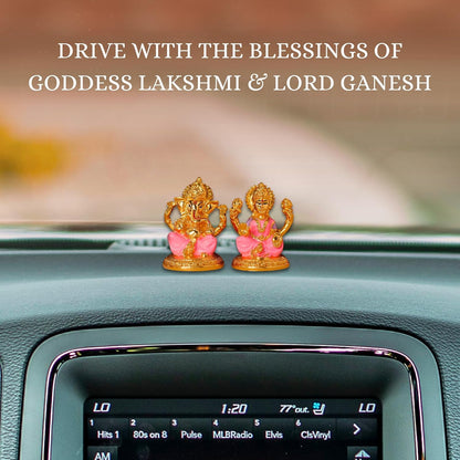 Gold Plated Laxmi Ganesh Idols for Pooja Room, Car Dashboard, Gifting, Table and Home Decor - Resin - 3x2 Inches (Pink)