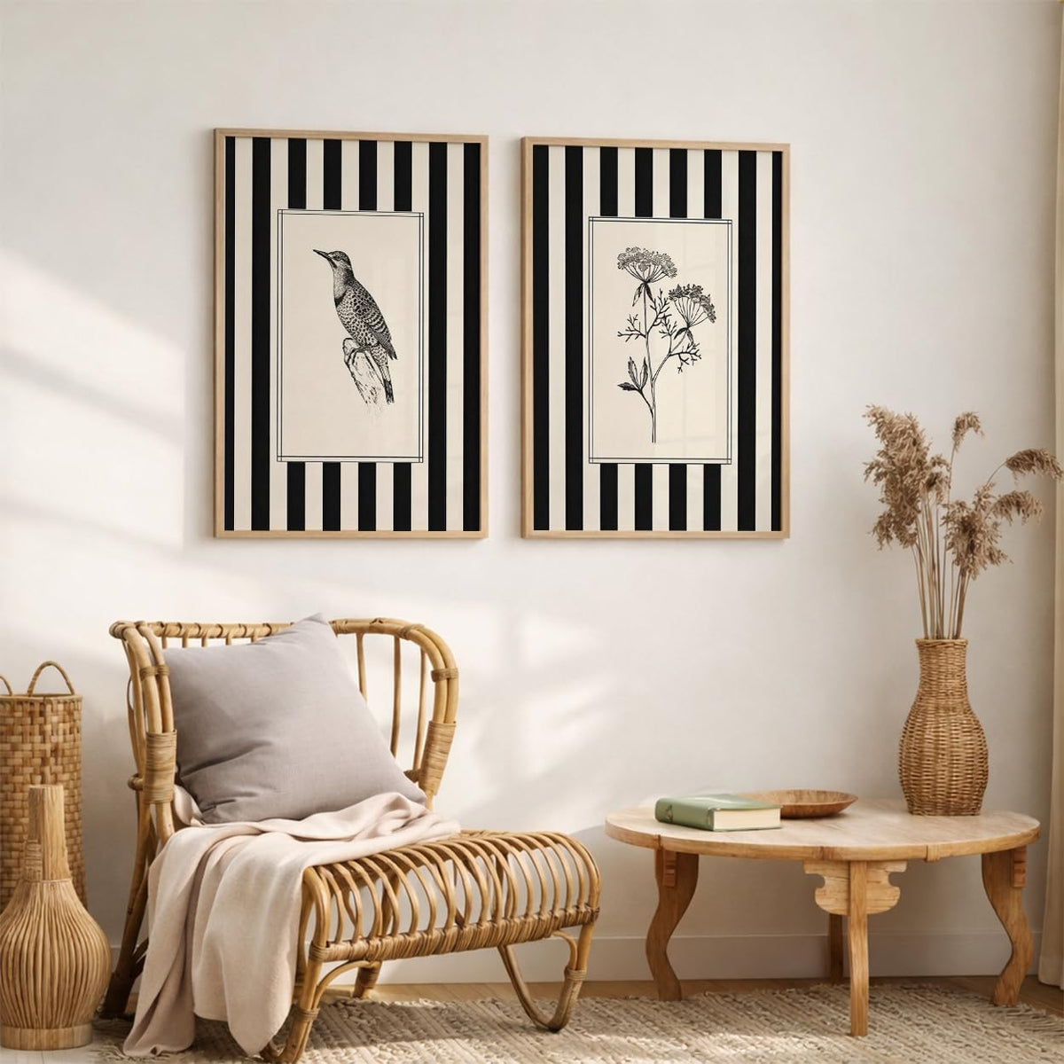 Set of 2 Wooden Framed Wall Paintings, 13x19 Inches, Black & White Botanical & Bird Illustration Art for Living Room, Bedroom, Office & Hall