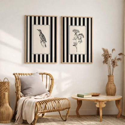 Set of 2 Wooden Framed Wall Paintings, 13x19 Inches, Black & White Botanical & Bird Illustration Art for Living Room, Bedroom, Office & Hall