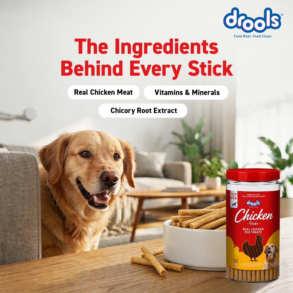 Drools Real Chicken Flavor Dog Treat Sticks, Delicious Training & Reward Treats for Dogs, 500g