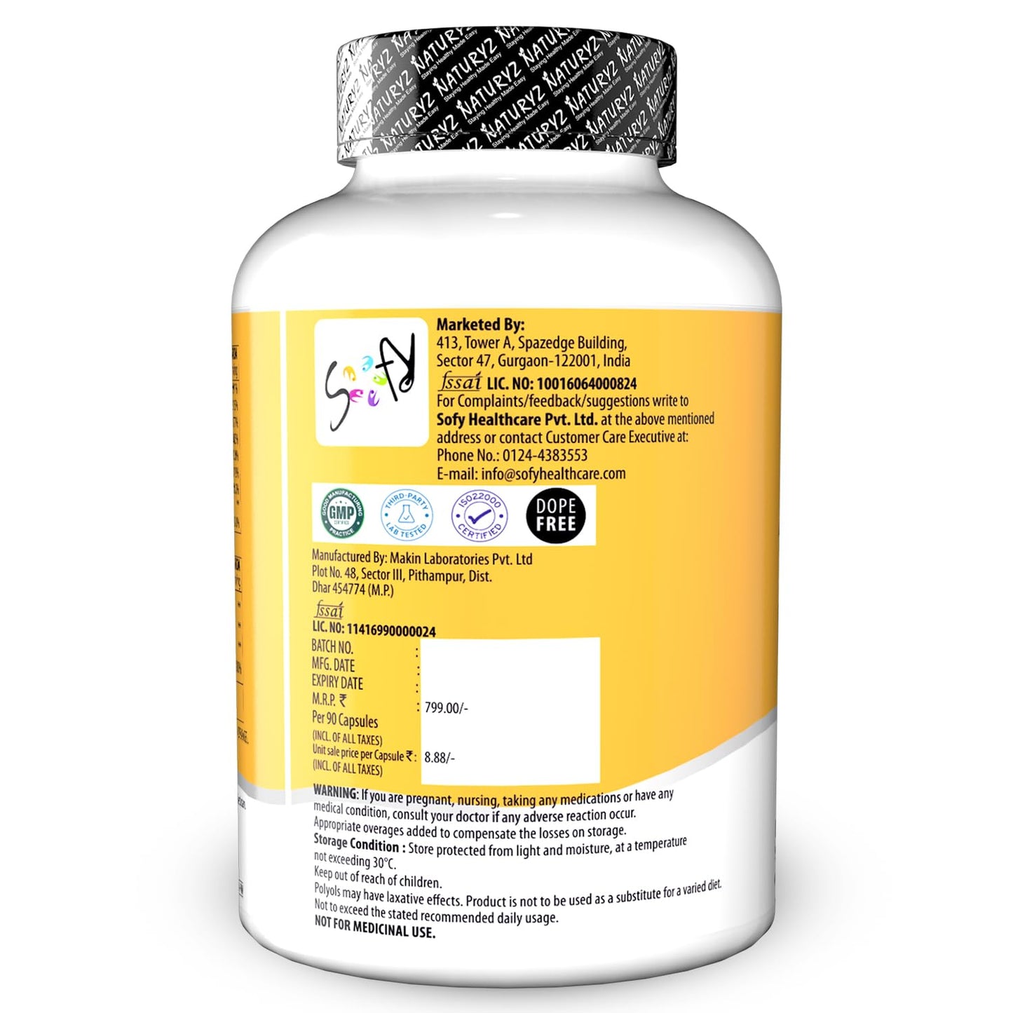 Supplement bottle with a yellow label on a white background