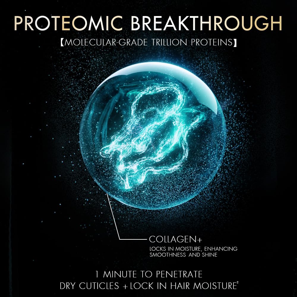 Advertisement for 'Proteomic Breakthrough' with a molecular structure and text about collagen and hair care.