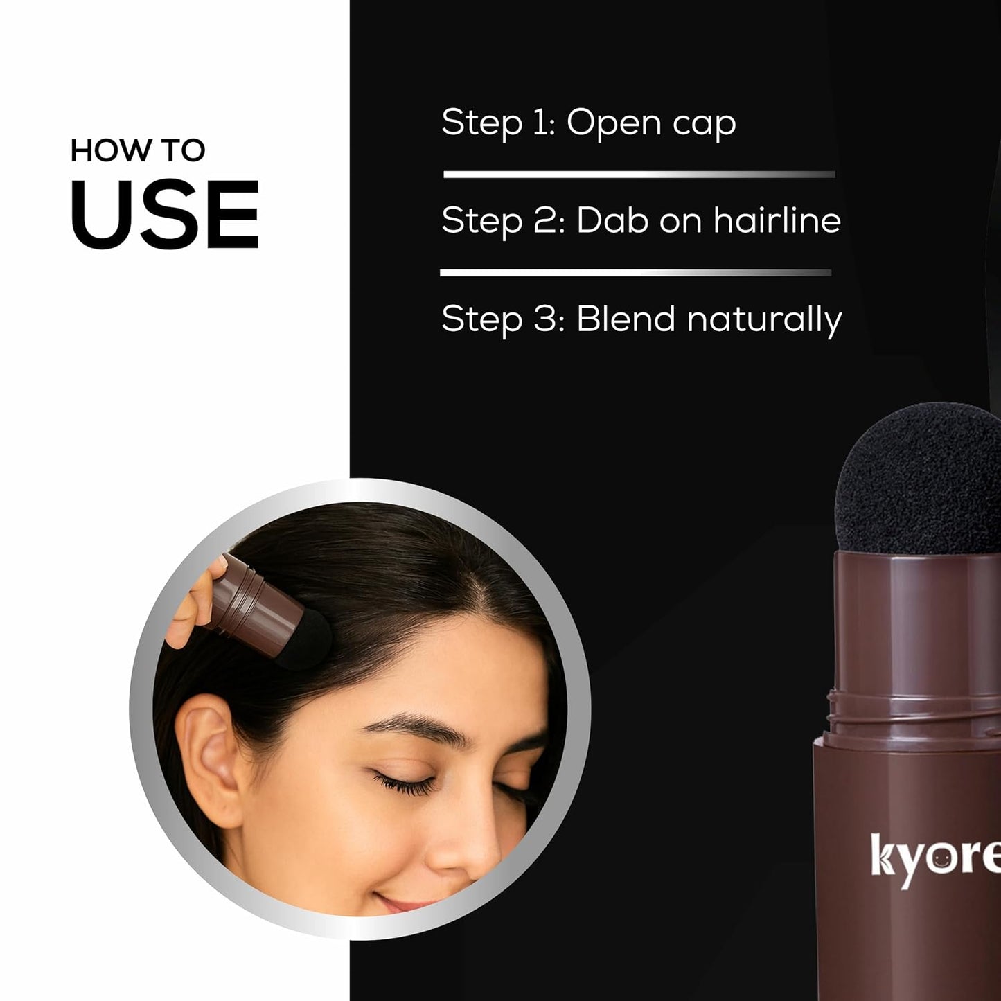 Hair product with usage instructions and a woman applying it to her hair.