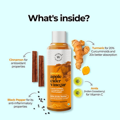 Wellbeing Nutrition Apple Cider Vinegar with Turmeric, Amla, Cinnamon and Black Pepper | Raw Unfiltered with 2X The Mother | Supports Weight Management, Boost Immunity & Detox, Skin Health | 500ml