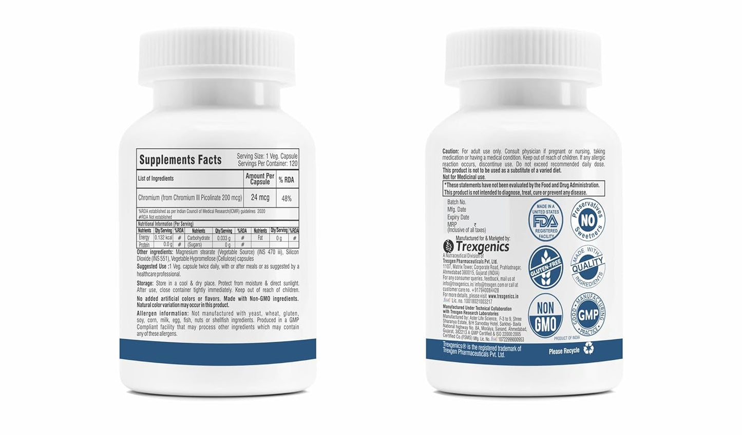 Trexgenics CHROMIUM PICOLINATE 200 mcg, elemental Chromium 48 mcg, powerful antioxidant (120 Veg Capsules))