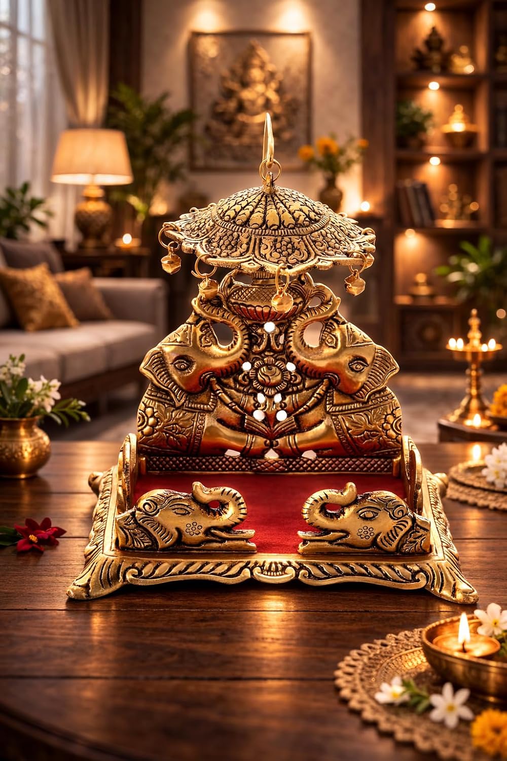 LABHCART Metal Krishna Sihasan, Laddu Gopal Singhasan for Home and Office Metal Home Temple - (10 Cm X 8 Cm X 18 Cm), Gold