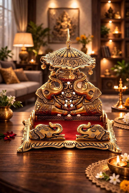 LABHCART Metal Krishna Sihasan, Laddu Gopal Singhasan for Home and Office Metal Home Temple - (10 Cm X 8 Cm X 18 Cm), Gold