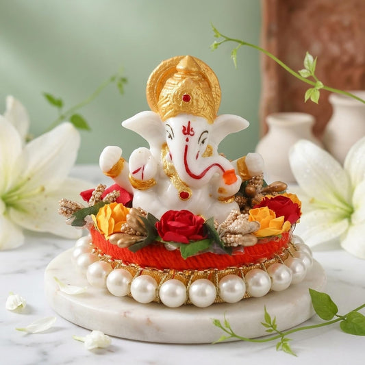 Resin Lord Ganesha Idol On Decorative Plate| Lord Ganesha Idol for Home Decor Office Car Dashboard| Ganesha Statue for Puja Room| Ganpati Murti| God Statue Gift for Diwali, Housewarming