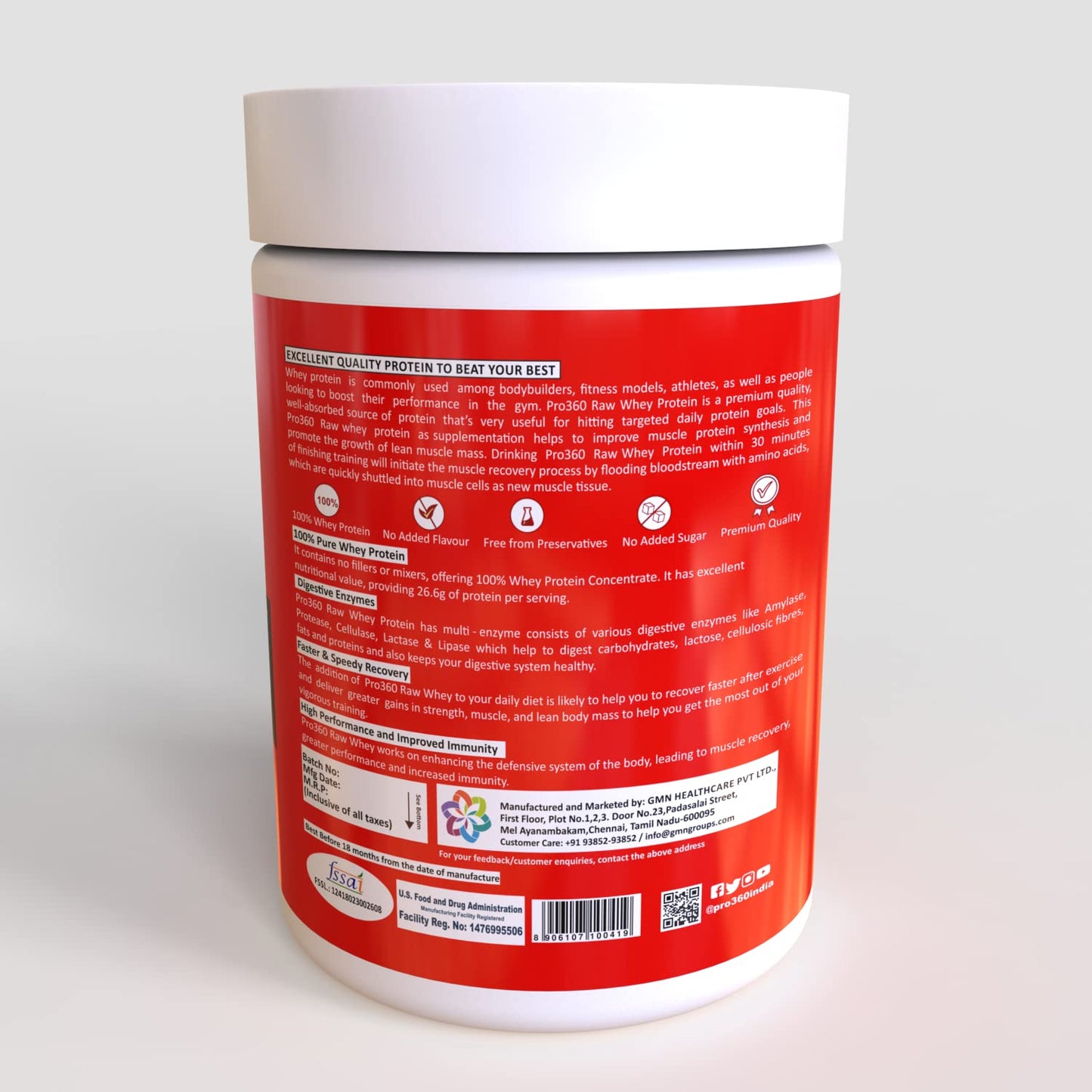 Pro360 Raw Whey Protein 100% - Unflavored - 400gm (100% Whey with Digestive Enzymes, 26.6g Protein, 5.97g BCAA, 4.7g Glutamic Acid per Serving)