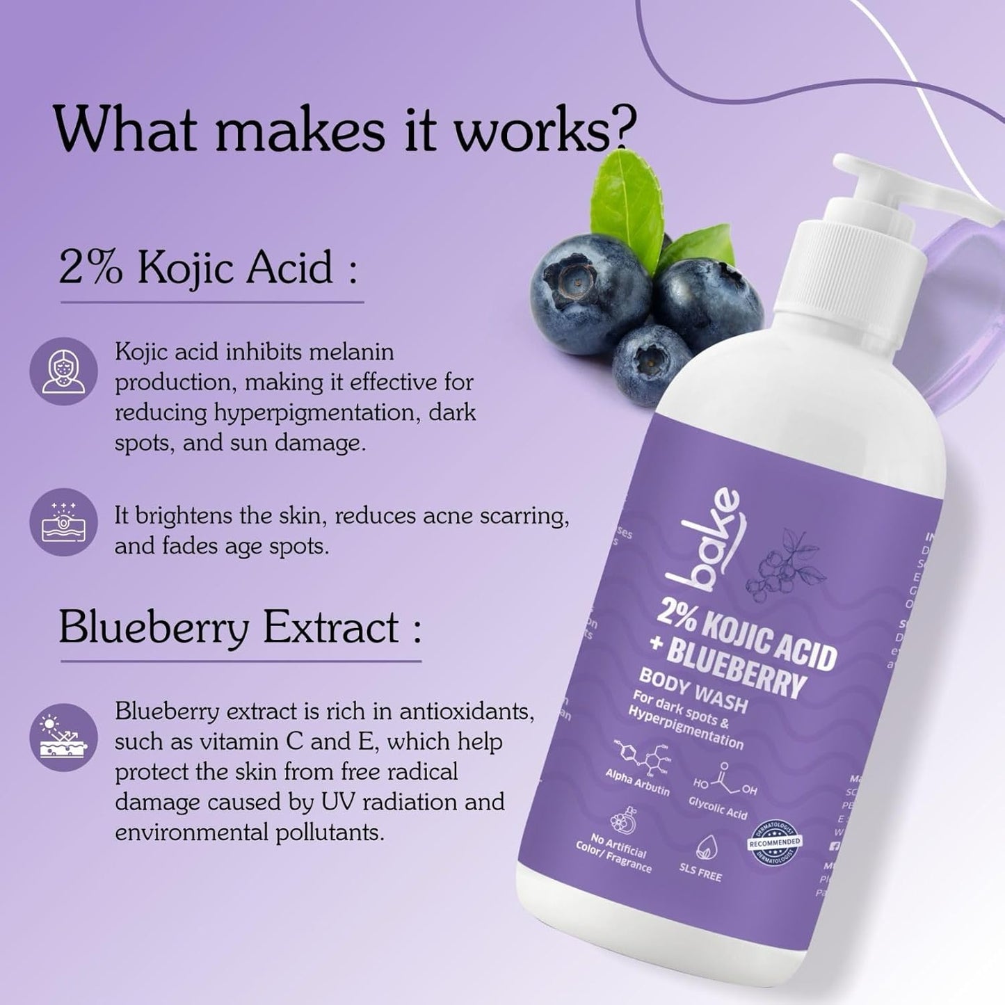 BAKE 2% Kojic Acid Brightening Body Wash with Glycolic Acid & Alpha Arbutin | De-Tan Body Wash | For Pigmentation & Tan Removal | For Dark Knees & Elbows | Dark Spots & Sun Damage | For Men & Women - 250ml