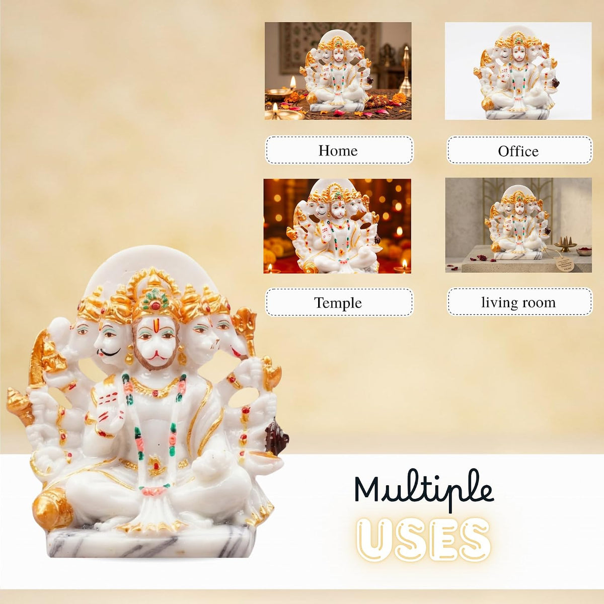 Resin Hanuman Ji Murti Panchmukhi Hanuman for Door Entrance Temple Home & Office Decor Living Room Decoration Gift for New House Warming ceramony, 12.7 x 6.3 Cm, Marble White