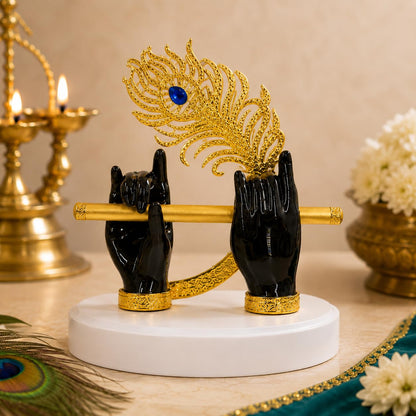 Goldplated Krishna Black Hand with Flute Idol Peacock Feather Mor Pankh Showpiece,Housewarming Gift, Birthday Anniversary Wedding Janmashtami Gift, Home Decor Decoration Items for Living