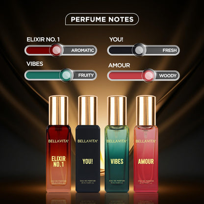 Four Bellavita perfume bottles with their respective notes displayed on a dark background.