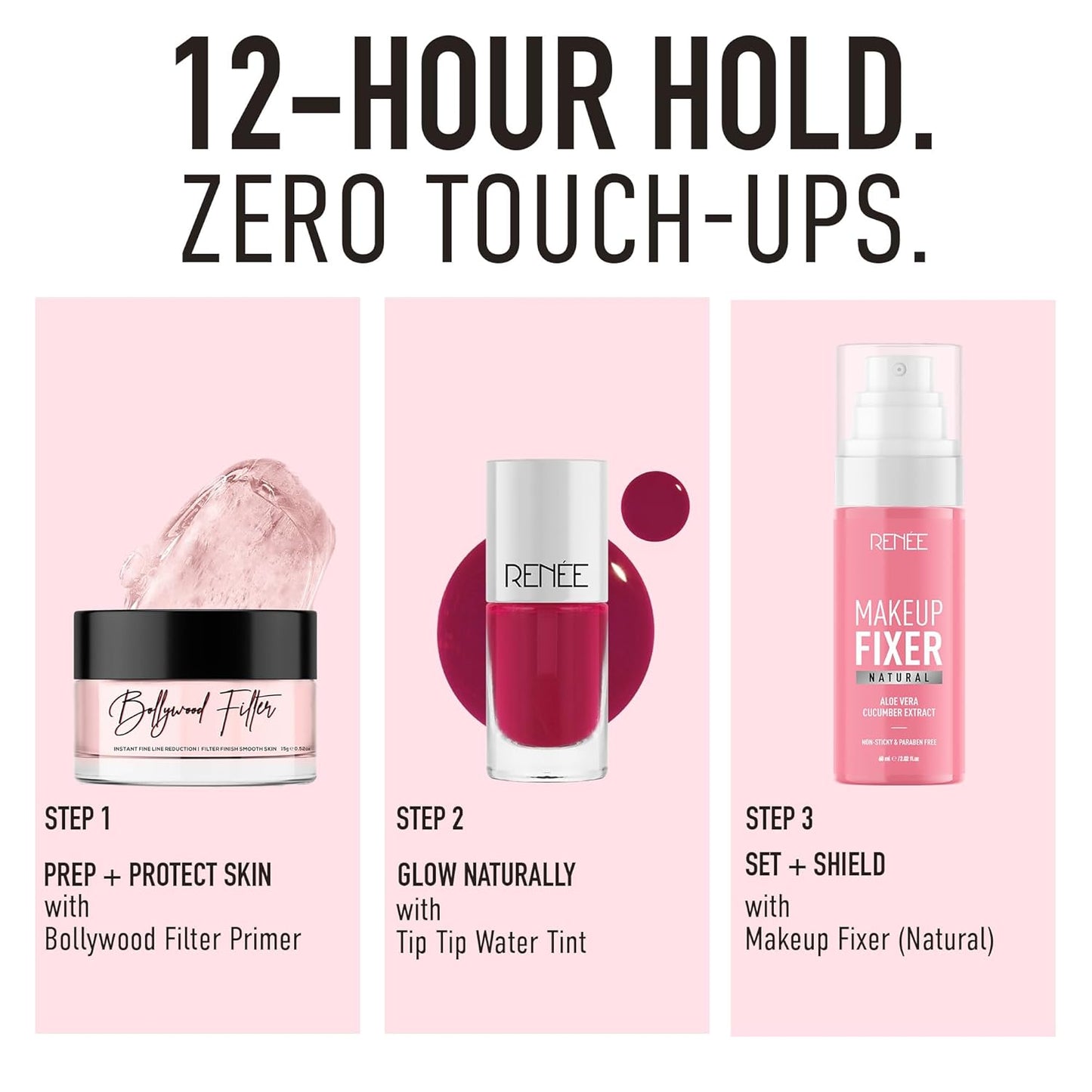Cosmetic products with steps for makeup application on a pink background