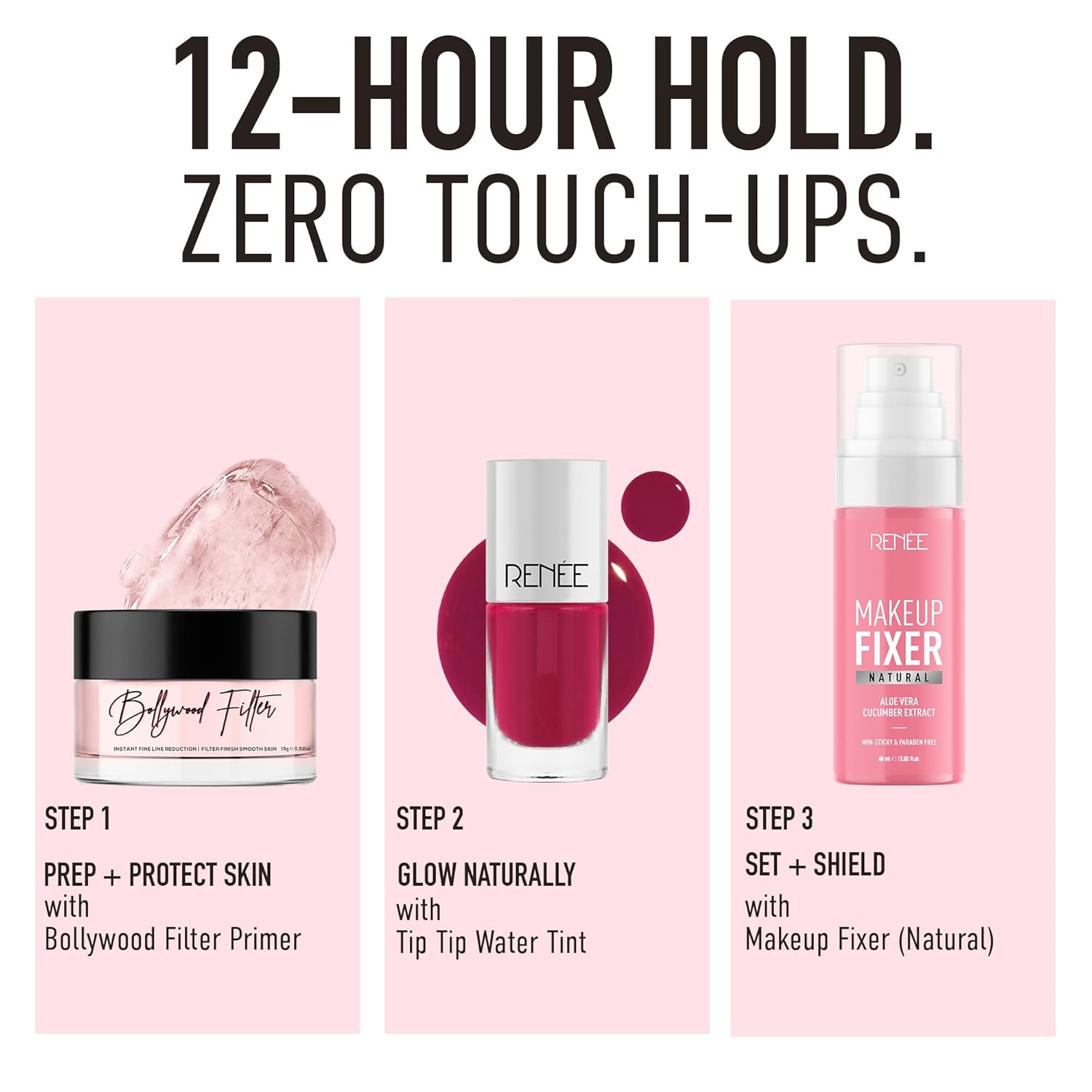 Cosmetic products with steps for makeup application on a pink background